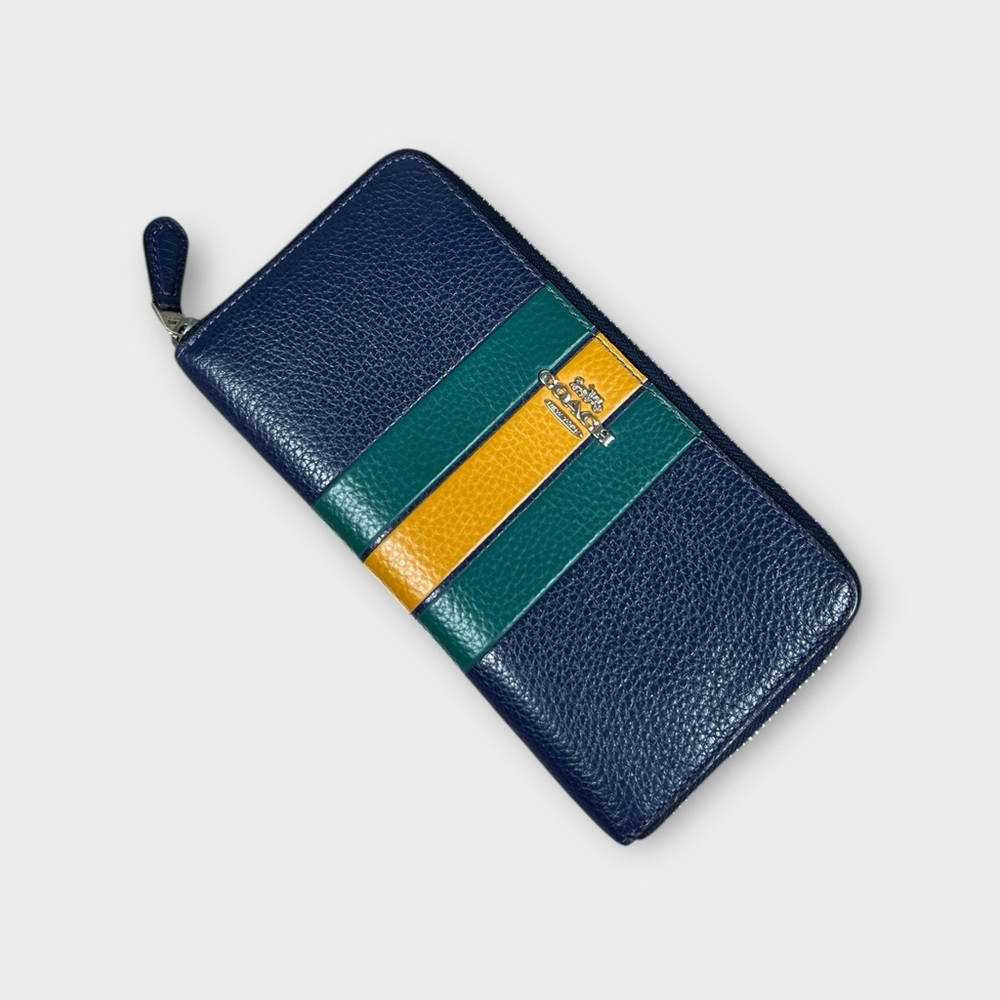 Coach Varsity Stripe Navy Blue Zip around Wallet